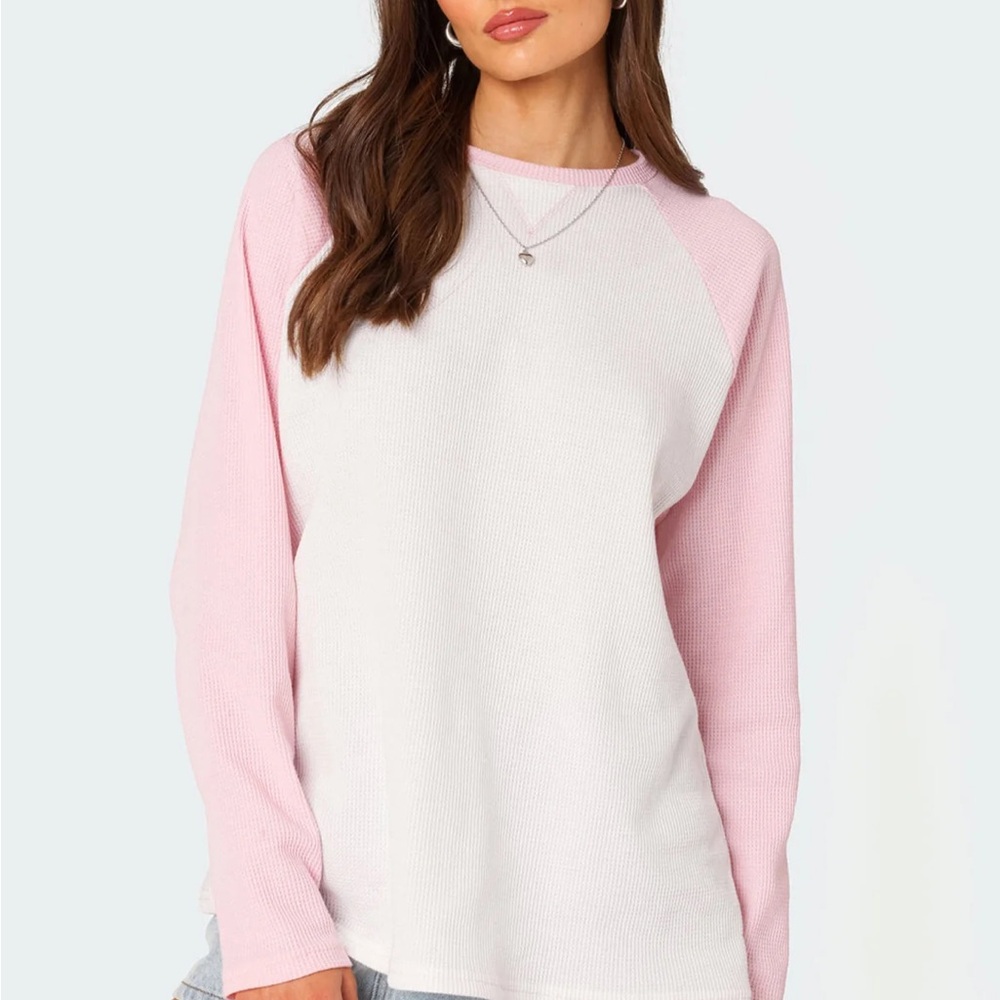 Edikted Pink and White Me Time Oversized Waffle Top